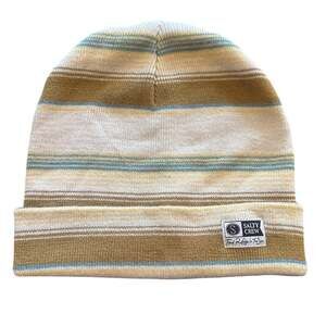 Salty Crew Striped Beanie Tan Blue Acrylic Cuffed Knit Hat Unisex